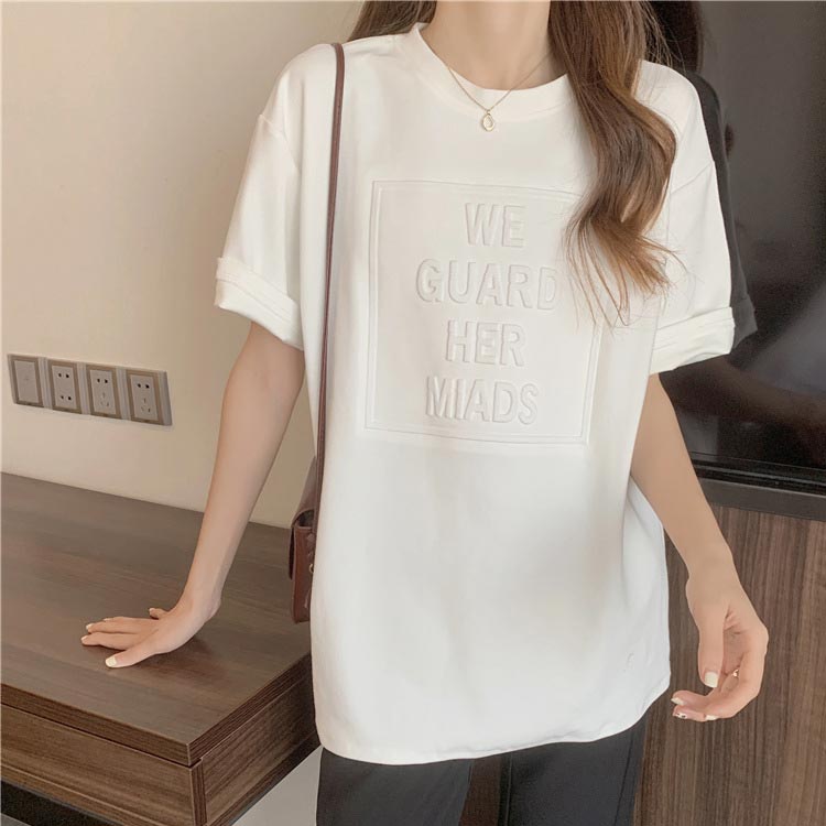 Tシャツ レディース 半袖 五分袖 tシャツ ロゴ エンボス加工 トップス Uネック ロング カットソー おしゃれ ゆったり ドロップショルダー 大きいサイズ インナーウェア シンプル カジュアル 女性用 肌着 ジョギング 部活 ダンス 衣装 夏 春 夏服 送料無料 houbian-10013126 ATiC サンプル画像2