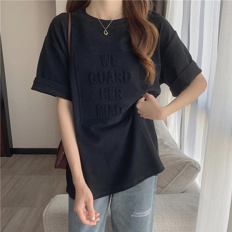 Tシャツ レディース 半袖 五分袖 tシャツ ロゴ エンボス加工 トップス Uネック ロング カットソー おしゃれ ゆったり ドロップショルダー 大きいサイズ インナーウェア シンプル カジュアル 女性用 肌着 ジョギング 部活 ダンス 衣装 夏 春 夏服 送料無料 houbian-10013126 ATiC サンプル画像3