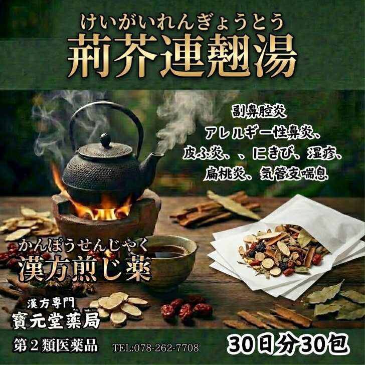 【第二医薬品】漢方煎じ薬荊芥連翹湯30日分30包副鼻腔炎　アレルギー性鼻炎、アレルギー性皮ふ炎にきび、湿疹、扁桃炎、気管支喘息
