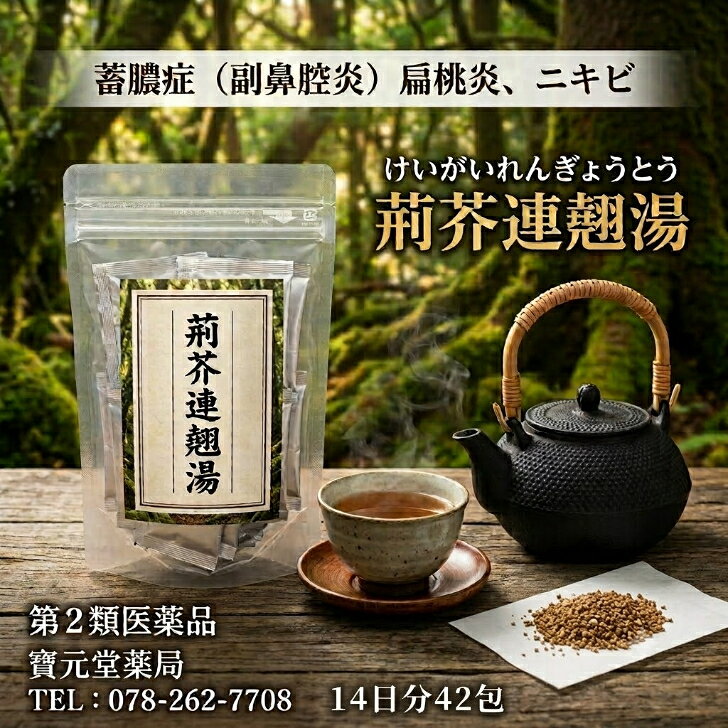 【第2類医薬品】荊芥連翹湯14日分42包蓄膿症（副鼻腔炎）、慢性鼻炎、慢性扁桃炎ニキビ スーッと通る、ラクになる。慢性鼻炎の救世主。 【第2類医薬品】三和生薬 荊芥連翹湯 エキス細粒 500g 繰り返すその鼻づまりやニキビ、漢方で根本から見直しませんか。 サンワ荊芥連翹湯エキス細粒は、漢方処方「荊芥連翹湯」の水製エキスを服用しやすい細粒にしたものです。 ■ 商品仕様 効能・効果 体力中等度以上で、皮膚の色が浅黒く、ときに手足の裏に脂汗をかきやすく腹壁が緊張しているものの次の諸症： 蓄膿症（副鼻腔炎）、慢性鼻炎、慢性扁桃炎、にきび 用法・用量 次の1回量を1日3回食前又は食間に服用すること。 ・大人（15才以上）：2.0g ・7才～14才：1.3g ・4才～6才：1.0g ・4才未満：服用しないこと 【用法に関する注意】 (1)添付のサジすりきり1杯が約2gです。 (2)小児に服用させる場合には、保護者の指導監督のもとに服用させること。 成分分量 (6g中) 荊芥連翹湯水製エキス 1.9g （トウキ 0.9g、シャクヤク 0.9g、ケイガイ 0.9g、レンギョウ 0.9g、ハマボウフウ 0.9g、センキュウ 0.9g、サイコ 0.9g、キジツ 0.9g、オウゴン 0.9g、サンシシ 0.9g、ビャクシ 0.9g、キキョウ 0.9g、カンゾウ 0.6g） 添加物：乳糖、トウモロコシデンプン 保管及び取扱い上の注意 (1)直射日光の当たらない湿気の少ない涼しい所に密栓して保管すること。 (2)小児の手の届かない所に保管すること。 (3)他の容器に入れ替えないこと。（誤用の原因になったり品質が変わる。） 製造販売元 三和生薬株式会社 栃木県宇都宮市平出工業団地6-1 問い合わせ先：消費者くすり相談室 TEL：0570-095770 （10：00～17：00 土、日、祝日を除く） 広告文責 寶元堂薬局楽天市場店 TEL：078-262-7708 ■ 使用上の注意 【相談すること】 1．次の人は服用前に医師、薬剤師又は登録販売者に相談すること （1）医師の治療を受けている人。 （2）妊婦又は妊娠していると思われる人。 （3）胃腸の弱い人。 2．服用後、次の症状があらわれた場合は副作用の可能性があるので、直ちに服用を中止し、この文書を持って医師、薬剤師又は登録販売者に相談すること ・皮膚： 発疹・発赤、かゆみ ・消化器： 食欲不振、胃部不快感 (まれに次の重篤な症状が起こることがある。その場合は直ちに医師の診療を受けること) ・間質性肺炎： 階段を上ったり、少し無理をしたりすると息切れがする・息苦しくなる、空せき、発熱等がみられ、これらが急にあらわれたり、持続したりする。 ・肝機能障害： 発熱、かゆみ、発疹、黄疸（皮膚や白目が黄色くなる）、褐色尿、全身のだるさ、食欲不振等があらわれる。 ・腸間膜静脈硬化症： 長期服用により、腹痛、下痢、便秘、腹部膨満等が繰り返しあらわれる。 3．1ヵ月位服用しても症状がよくならない場合は服用を中止し、この文書を持って医師、薬剤師又は登録販売者に相談すること 4．長期連用する場合には、医師、薬剤師又は登録販売者に相談すること 荊芥連翹湯 【検索キーワード】 蓄膿症 ちくのう症 副鼻腔炎 ふくびくうえん 慢性鼻炎 鼻炎 鼻づまり 鼻水 どろっとした鼻水 黄色い鼻水 ドロドロ鼻水 臭い鼻水 後鼻漏 こうびろう 鼻づまり解消 にきび ニキビ 大人ニキビ 思春期ニキビ 化膿ニキビ 吹き出物 ふきでもの 赤ニキビ しこりニキビ おでこニキビ 肌荒れ 炎症 皮膚炎 湿疹 ニキビ跡 慢性扁桃炎 扁桃炎 扁桃腺 のどの腫れ のどの痛み 体力中等度以上 色浅黒い 脂汗 腹壁緊張 体質改善 繰り返す 慢性 排膿 膿を出す 解毒 通販 楽天市場 薬局 店舗 市販薬 処方箋なし おすすめ まとめ買い 効果 効能 副作用 飲み方 食前食間 和漢 生薬 鼻づまり 漢方 蓄膿 薬 副鼻腔炎 漢方薬 ニキビ 漢方薬 扁桃炎 市販薬 慢性鼻炎 漢方 蓄膿症 市販薬 漢方 鼻の奥 臭い ニキビ 漢方 市販 大人ニキビ 漢方薬 慢性鼻炎 治し方 どろどろ鼻水 薬 化膿 薬 漢方 後鼻漏 漢方 市販 扁桃炎 繰り返す 漢方 漢方 いつから効く 飲み合わせ 漢方 第2類医薬品 漢方