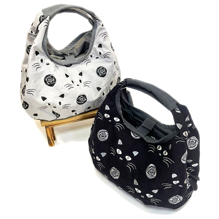 KUROCHIKULINKミニラウンドバッグ　猫と薔薇　京都くろちく ミニバッグ 刺繍バッグ コンパクトバッグ ..