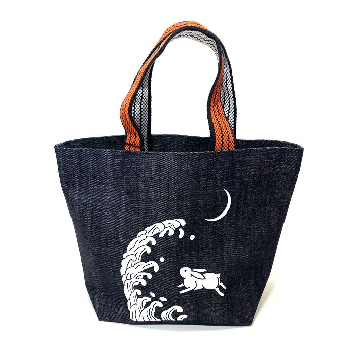 デニムランチトート　浪に月兎　倉敷デニムバッグ　デニムミニバッグ　デニムミニトートバッグ　真田紐　倉敷屋 新浪に月うさぎ ウサギ柄