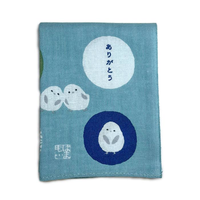 ひとことはんかち　ありがとう シマエナガ　手ぬぐい生地 横浜濱文様 綿 縁起物 感謝の気持ちを伝えるメッセージツールとして かわいいハンカチ プチギフト 贈り物 手紙や品物に添えて
