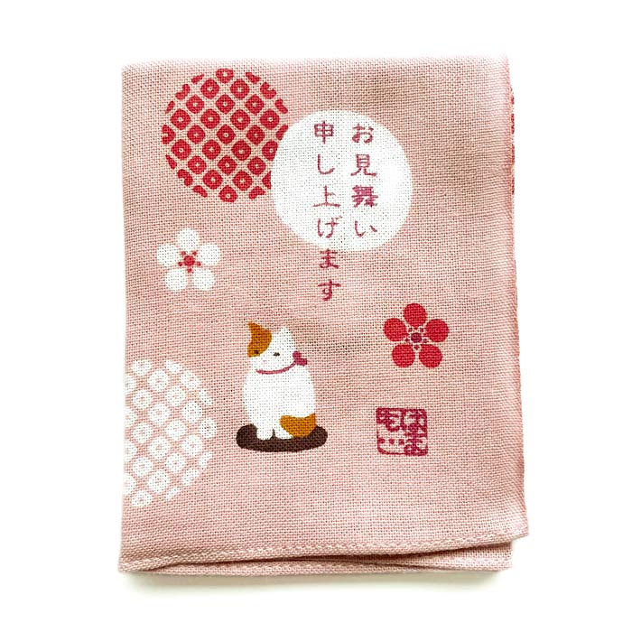 ひとことはんかち　お見舞い猫　手ぬぐい生地 横浜濱文様 綿 回復を願うギフトとして ねこ柄 ネコ柄 かわいいハンカチ プチギフト 贈り物 手紙や品物に添えて