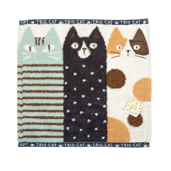 トリオキャットタオルハンカチ　ネイビー【メール便対応可】　ノアファミリー 猫柄 タオルハンカチ 無撚糸使用 ジャガード織 ワンポイント刺繍 ネコマニア かわいいハンカチ オシャレ プチギフト ミニタオル ハンカチサイズタオル ねこ好き