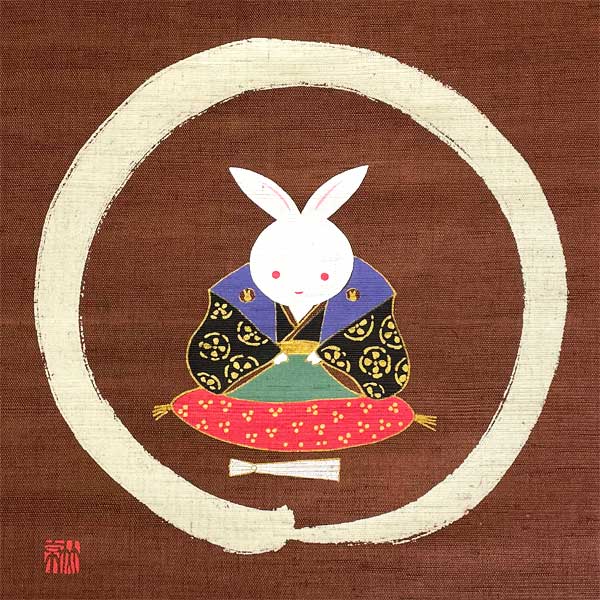 型染めタペストリー 円相にうさぎの口上 麻100% 日本製 迎春飾り 正月飾り 縁起物 福うさぎ ウサギ 開運 掛け軸 和 和雑貨 お歳暮 お年賀 贈り物 干支 卯 兎 [2]