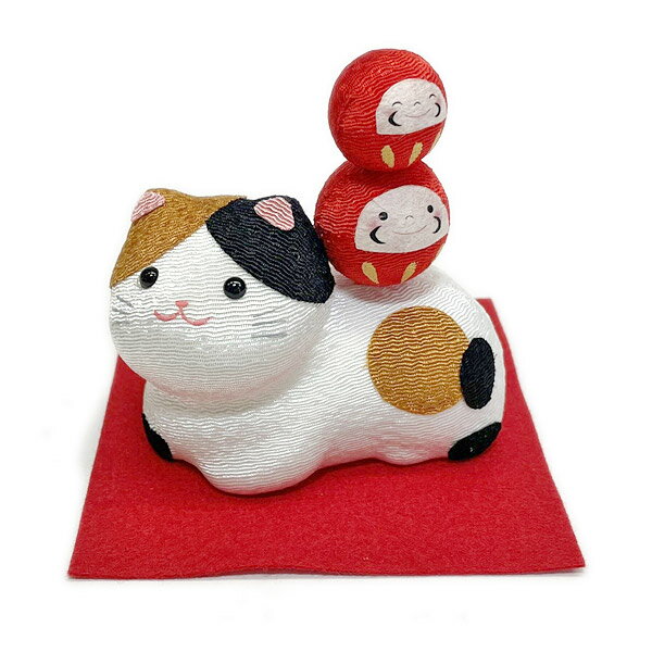 三毛猫の縁起飾り ダルマ ちりめん細工 みけねこ お正月置物として 迎春飾り ちりめん置物 小さなねこ置物 ネコ好き ミケネコ 可愛いねこ飾り だるまさん ダルマ置物 達磨 開運招福 縁起物 贈り物