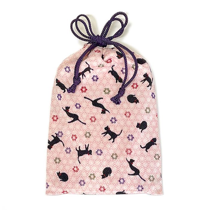 ゆめといろ　御朱印帳入れ巾着　猫 桃　ちりめん猫　御朱印帖巾着 ちりめん生地巾着 小物入れ ねこ柄 和柄巾着 レーヨン縮緬 可愛い 神社仏閣巡りに 日本製 ご朱印帳入れ 和柄 ご朱印帖入れ ネコ好きのサムネイル