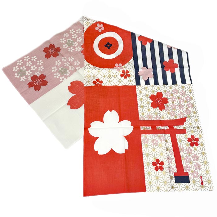 捺染絵手ぬぐい　和モダン桜　横浜濱文様 日本製 手拭い 桜柄手ぬぐい 七宝柄 麻の葉柄 贈り物 和柄 和雑貨 和小物 プチギフト 贈り物 可愛いてぬぐい