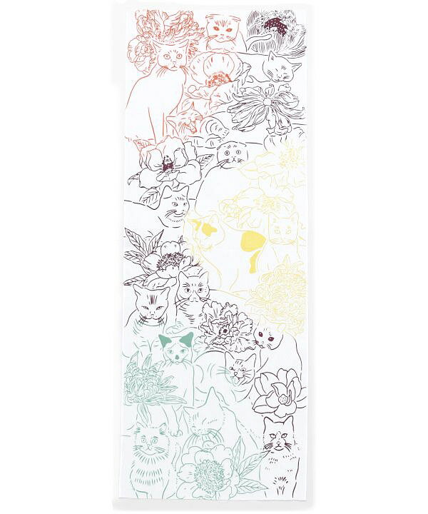 注染手ぬぐい猫花　キイロ　　 【メール便対応可】日本製 ねこ柄 ネコ柄 手拭い たくさんの猫が描かれ..