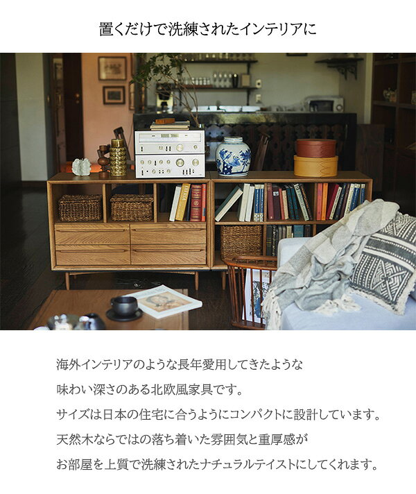 完成品 天然木 脚付き オープンチェスト ロータイプ 【送料無料】 木製 オープンラック 引き出し付き ローボード おしゃれ 北欧 2段 間仕切り 収納 ヴィンテージ アンティーク 本棚 無垢 リビングボード 幅100 両面 [3]