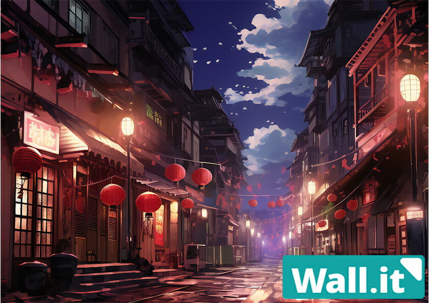 【Wall.it A4 フィギュアディスプレイケース専用背面デザインシート 横向】 古都 夜の街並み 商店街 夜..