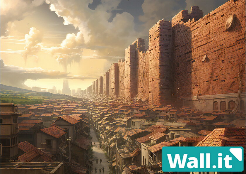 【Wall.it A4 フィギュアディスプレイケース専用背面デザインシート 横向】 城壁 壁の中 風景 進撃の巨人 中世 街並み 集落 密集