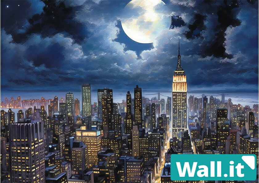 【Wall.it A4 フィギュアディスプレイケース専用背面デザインシート 横向】 夜 NY マンハッタン 摩天楼 夜景 月夜 夜景 満月 ビル群 ビル街