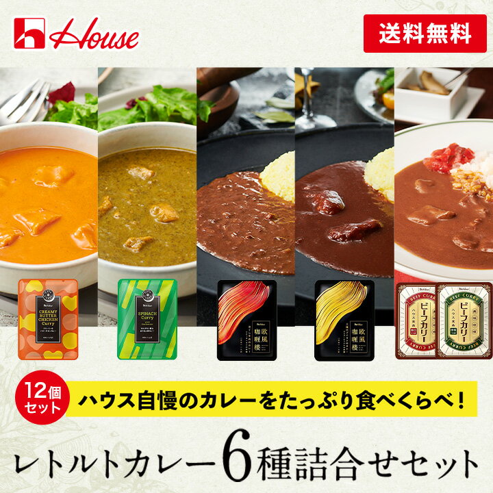 ■WEB限定レトルトカレー　シリーズはこちら！ハウス食品がWEB限定で販売しているレトルトカレー6種を2個ずつ詰合せた12個セットです。1人前のレトルトカレーなので、ご自宅や職場で手軽に食べていただけます。 おしゃれなカフェで食べるようなエスニックカレー「カフェdeカリー」 まるでおしゃれなカフェで食べるような、エスニックカレー。 野菜由来の鮮やかな色味と数種類のスパイスがとけ込んだソースで、見た目が華やかで、香りも豊か。 ラインアップは【クリーミーなバターチキンカレー】と【カルダモン香るほうれん草カレー】の2種類です。 料理好きな男性のこだわりが詰まったような欧風カレー「欧風カリー楼」 料理好き男性のこだわりが詰まったような、そんな世界観を持つ欧風カレー。牛肉の旨みと、野菜または果物の旨みに隠し味を加えたソースなので、ご自宅で作れないような奥深い味わいを手軽に楽しむことができます。 ラインアップは【ほぐし牛肉のカレー】と【三種のブイヨンのカレー】の2種類です。 幼少期だった頃の懐かしい味わいのカレー「ビーフカリー」 40〜60代の中年男性が思わず“どこか懐かしい”と感じるようなビーフカレー。 柔らかく食べごたえのある牛肉と、隠し味のウスターソース、野菜由来の旨みが特徴のソースなので、コク深い味わいを手軽に楽しむことができます。 ラインアップは【中辛】と【辛口】の2種類です。