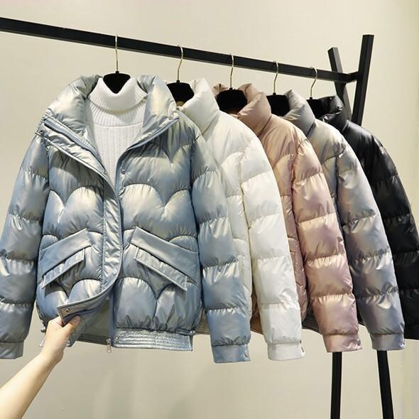 光沢 ダウン ジャケット アウター コート ブルゾン シャンパー ダウンコート ショート ショート丈 長袖 スタンドカラー スリム ストレート もこもこ ファスナー