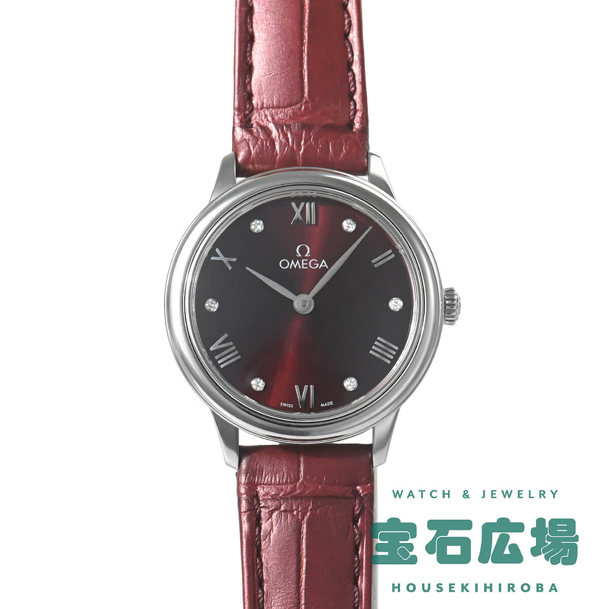 ご購入前に必ずご確認ください。 商品NO656107001 ブランドオメガ 商品名デ・ヴィル プレステージ 型番434.13.28.60.61.001 機械クォーツ 材質ステンレス ブレス・ストラップストラップ 宝石ダイヤモンド タイプレディース カラーレッド 文字盤特徴ローマ ムーブメントクォーツ ケースサイズ27.5mm ラグ幅ラグ側：13mm 付属品内箱外箱ギャランティー プレーンでオーソドックスなデザインの【デ・ヴィル プレステージ】。直径27.5mmのケースには、クォーツ・プレシジョンムーブメントのCal.4061を搭載しています。美しいレッド文字盤にはレディースモデルらしく6ポイントのダイヤモンドがセッティングされ、清楚でありながらも華やかな印象です。ケースバックには時の神「クロノス」のエングレービングが施されています。ギャランティーには2026年1月の日付記載が有る正規品です。未使用品の為、動作確認を行っております。
