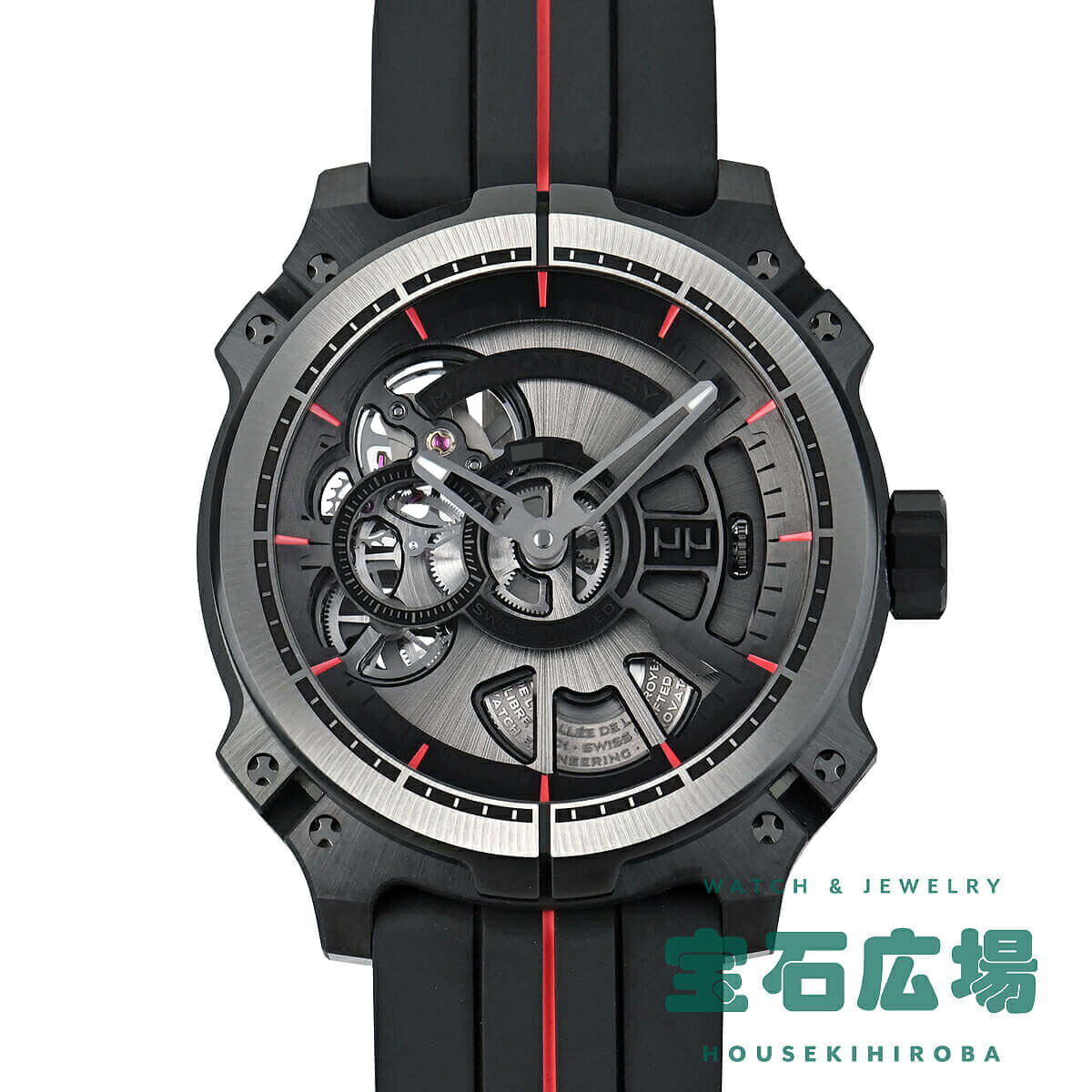 ご購入前に必ずご確認ください。 商品NOMM002 ブランドモーロン・ミュジー 商品名スケルトン・アルミュール 世界限定13本 型番MU05-201 機械自動巻き 材質チタン（ブラックDLC加工） ブレス・ストラップストラップ タイプメンズ 文字盤特徴スケルトン 外装特徴シースルーバック ムーブメント自動巻き パワーリザーブ55時間 ケースサイズ44.0mm ケース厚13.0mm 付属品内箱外箱ギャランティー スイスはジュラ山脈の麓にあるスリーレイクス地域の中心に位置するブロイエ渓谷サン・トーバンにて、2013年に設立された独立系ブランド【MAYRON MUSY モーロン・ミュジー】。3年間の研究を重ね、ガスケットを使用する事なく防水性を確保する、メカニカルな防水システム「nO-Ring テクノロジー」を開発。こちらはその画期的な防水システムを採用した、世界限定13本の希少モデル【スケルトン アルミュール】です。44mmのケースは、軽量なグレード5のチタン（ブラックDLC）を採用し、美しい仕上げの自動巻きムーブメントMM01-SKを搭載。特徴的な両面スケルトン仕様ながら、300m防水と55時間のパワーリザーブを誇ります。ラバーストラップはセンターに赤色のラインが入り、インデックスカラーと合わせたスタイリッシュな仕上がりの1本です。