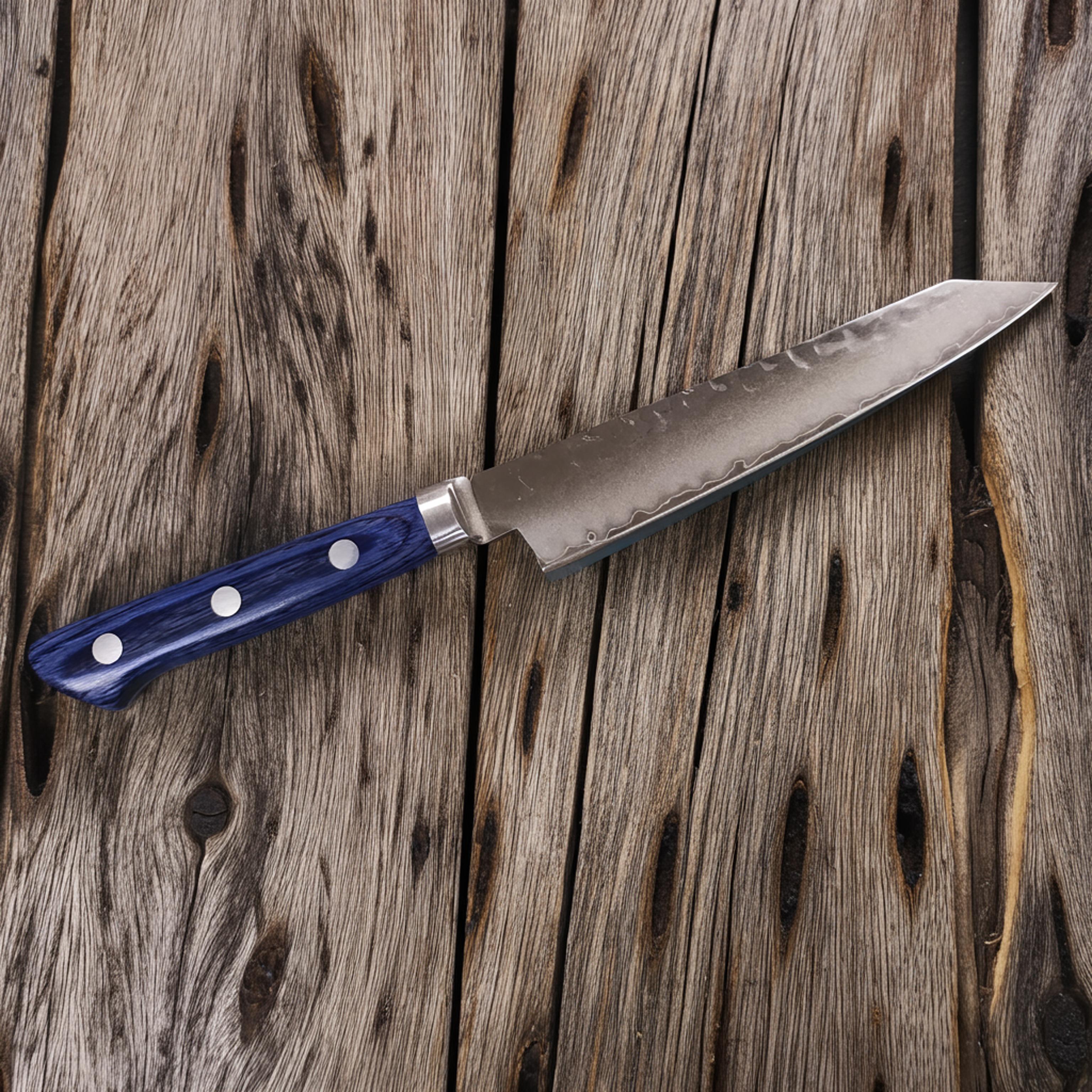 ステンレス 鋼口金付 槌目 切付ペティ 145mm 鞘付青合板柄