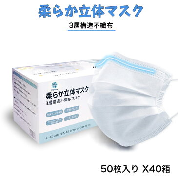 柔らか立体マスク 50枚X40箱 3層構造不織布マスク 大人用サイズ 170X90mm 使い捨てタイプ 肌に優しいソフトな素材 男女兼用 2000枚