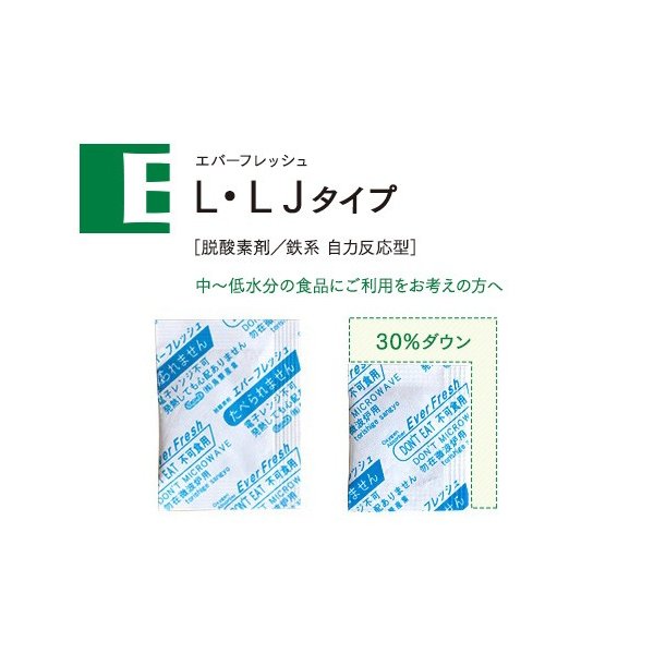 規格：幅20mm×長さ30mm 水分活性値(AW)：0.75以下 酸素吸収速度：1〜2日 作業時間：4時間 1ケース：100個×100袋入り●従来品Lタイプから最大30%サイズダウンを実現！　ゴミの排出量を少なくした環境配慮型製品です。　酸...