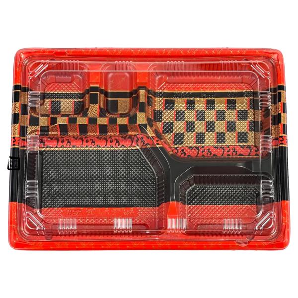 【屋号必須】弁当容器 KE-3A 赤帯A 264×197×37(フタ9)mm 内嵌合 本体蓋セット 1セット各600枚入 北原産業