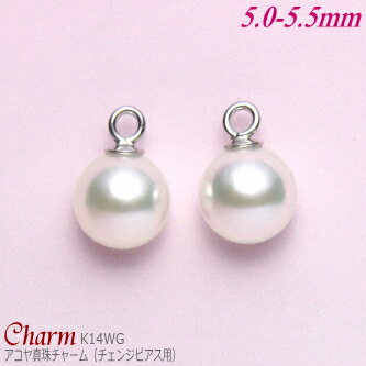 チェンジピアスにご使用いただける、アコヤ真珠を使ったチャームです。豊かな自然で育まれたアコヤ貝から採れるアコヤ真珠はその奥深く優美な輝きが魅力です。真珠のサイズは5.0～5.5mmですので、さりげなくフェミニンな雰囲気でご使用いただけます。 詳細 真珠 アコヤ真珠 真珠のサイズ 5．0-5．5mm （5．0mm以上5．5mm未満） 真珠の色 ホワイト系 真珠の形 ラウンド（丸）系 真珠のテリ ★★★★★（強い光沢） 真珠の巻き ★★★★★（厚い） 真珠のキズ ★★★★★（少ない） チャーム金具 K14ホワイトゴールド製（銀色）、 丸環部内径1．1mm ◆ グレード（品質）表示に関する詳細は下記をご参照下さい。 ◆ この商品は品質保証書が付いております。 ◆ 1個のご注文で1ペア分となります。 ◆ ご注文のチャームは、当店にて取り扱いのチェンジピアス用 のチャームとなります。 お手持ちのピアス等にご使用の場合は、ご案内のとおり、 チャームの丸環部内径が約1.1mmとなっております点を 予めご考慮下さい。 丸環部を通す箇所の最大幅が1.1mm以上あるピアスや、 遮断機式・中折れ式フープピアスにはご使用不可となります のでご注意下さい。 >> チェンジピアスの詳細、 チェンジピアス用ピアス金具のご購入はこちらチェンジピアス用アコヤ真珠チャーム （K14ホワイトゴールド製／5.5〜5.0ミリ） >> チェンジピアスの詳細