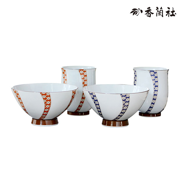 【11/11までポイント2倍】ねじり小紋・睦揃(むつみセット) 2448-DC 香蘭社【食器セット ペア食器 湯呑 湯のみ お茶碗 ご飯茶碗 和食器 贈答 結婚記念日 敬老 ギフト プレゼント 白磁 赤 青】