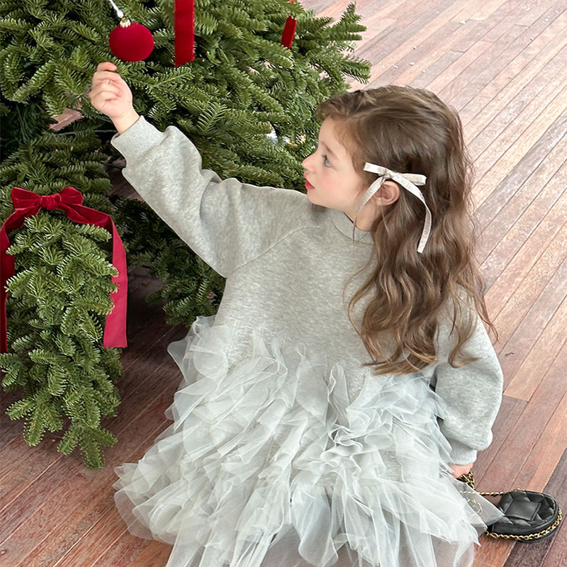 キッズドレス チュールドッキングワンピース 子供 ドレス キッズ チュール ワンピース 長袖 ロング 無地 ドレス 春 秋 冬 長袖ワンピース tシャツワンピ カジュアルワンピ 通学 通園