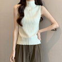 【レビュー特典 20%OFF】プリーツ タンクトップ レディース ハイネック ノースリーブ Tシャツ ニットトップス ストレッチ トップス ハイネックニット レイヤード シンプル 春 夏 全5色 サマーニット