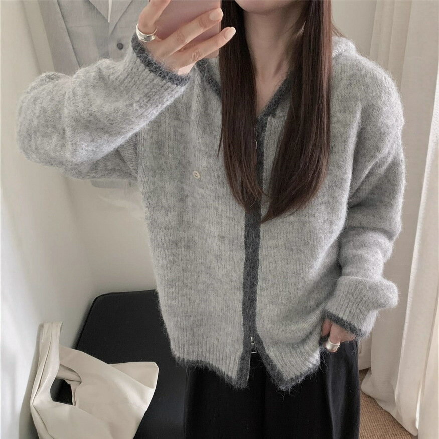 2025秋冬新作 レディース 韓国風 ニットカーディガン ジップアップ 配色 フーディー ゆったり デザイン感 トップス(4.0)