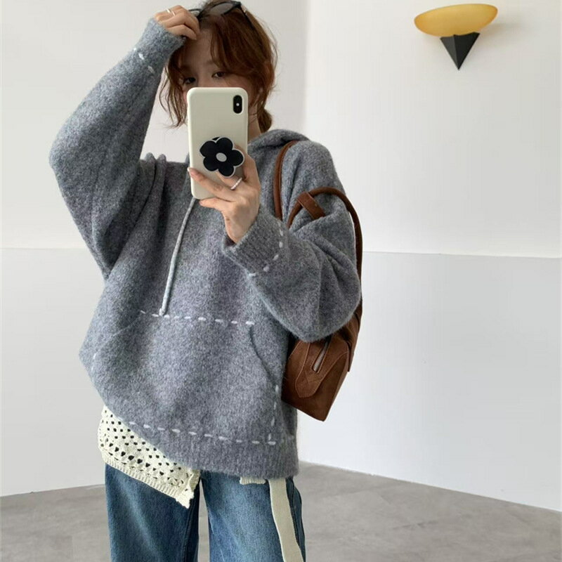乐天商城 - 【送料無料 20％OFF】2025秋冬新作 レディース 韓国風 フード付き ニットセーター ゆったり ハンドステッチ ポケット 小規模ブランド トップス