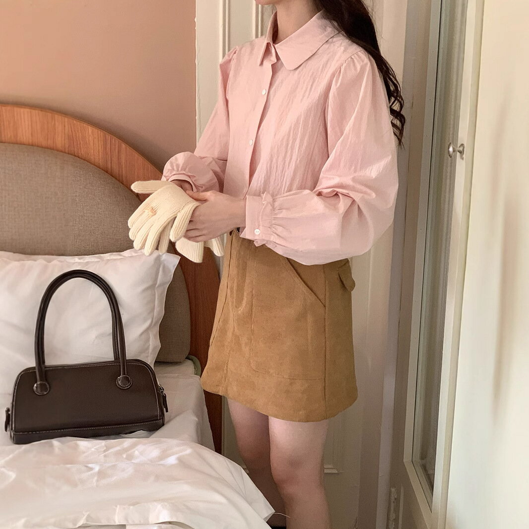 【送料無料】ピンク ブラウス レディース 秋 ピーターパンカラー 長袖 レトロ 丸襟 きれいめ