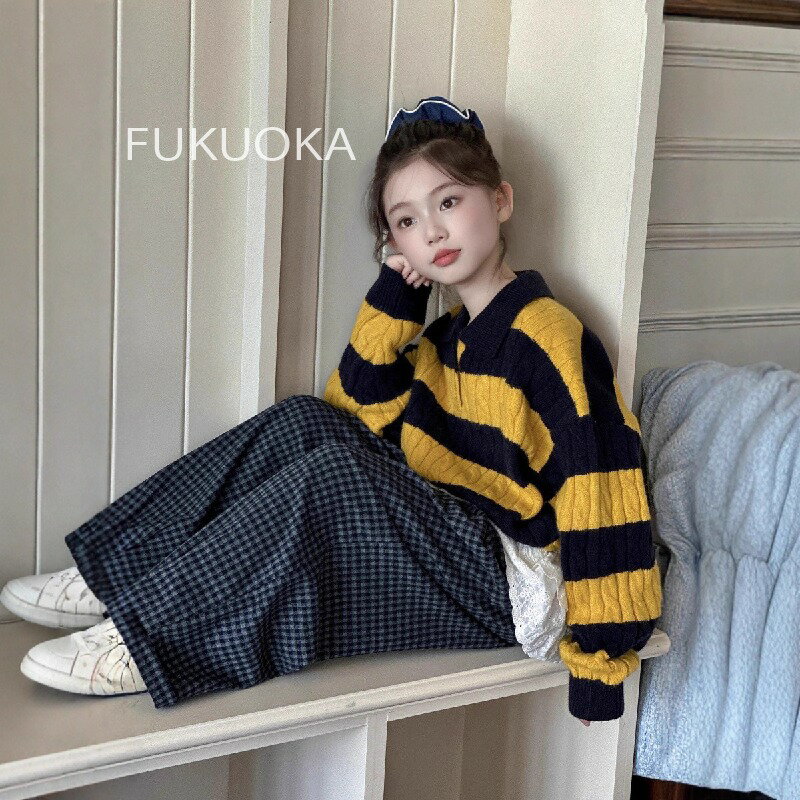 乐天商城 - 2025春秋新作 女の子 ニット セットアップ 韓国風 ストライプ柄 トップス＋ワイドパンツ 子供服 女児 中大児用 おしゃれ