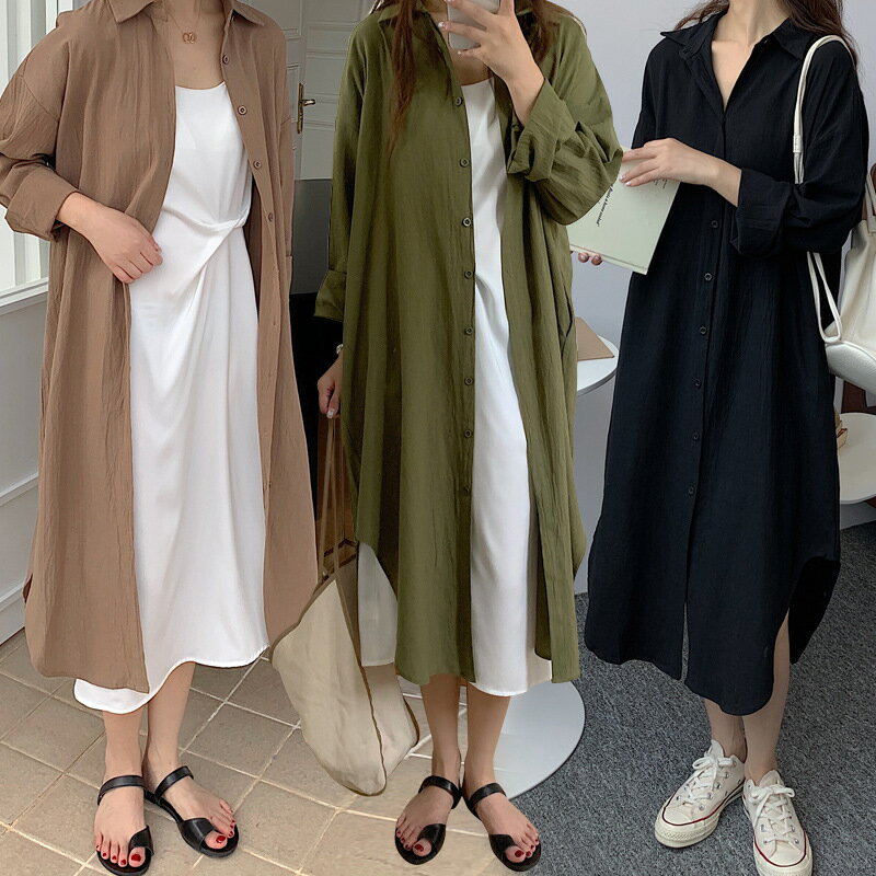 乐天商城 - レディース シャツワンピース 無地 ゆったり ビッグサイズ ロング丈 夏 大人 普段着