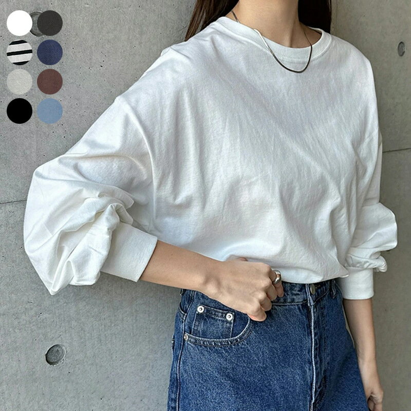 樂天商城 - レディース Tシャツ ランタンスリーブ ラウンドネック 綿100% ゆったり 秋 プルオーバー 普段着