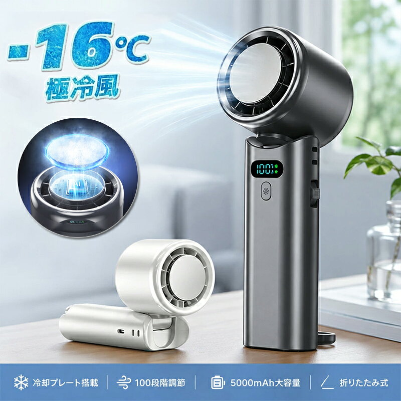 【2026最新モデル】手持ち扇風機 ハンディファン 小型 多機能 冷風機 冷却プレート付 -16℃瞬間冷却 首にかけれはネックフアン 超軽量 100階風速 静音 USB充電 大容量5000mAh Max12時間連続 アウトドア 通勤 ミニ扇風機 冷感 ポータブルファン ひんやりグッズ 携帯扇風機