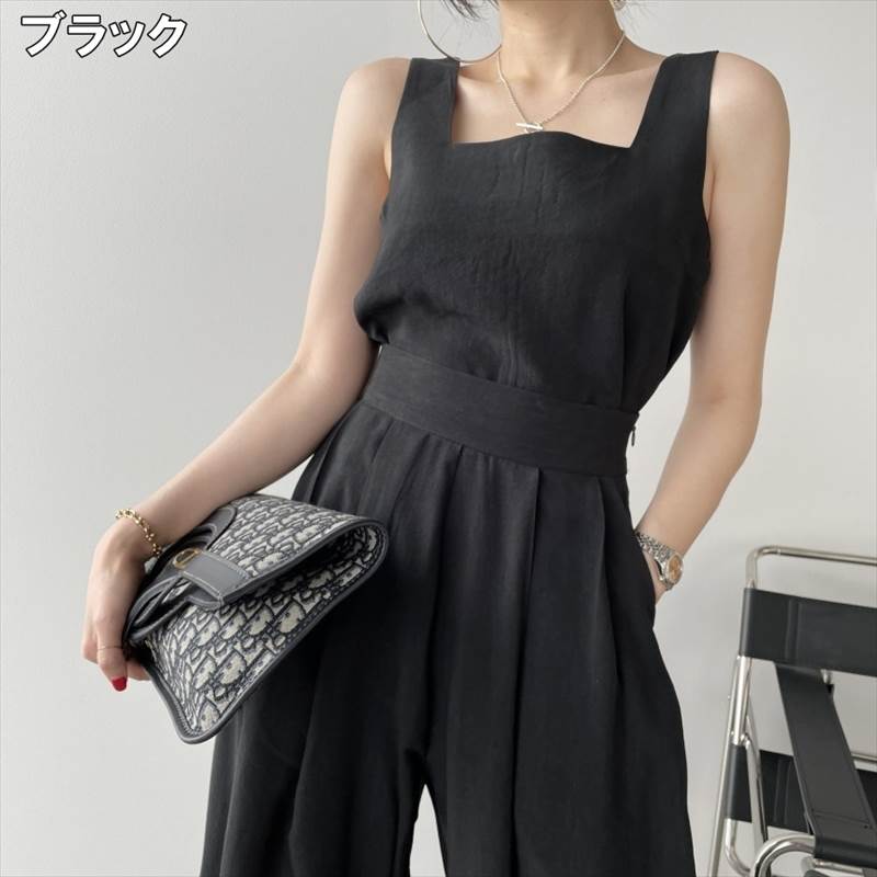 【レビュー特典 20％OFF】セットアップ レディース サロペット ジャンプスーツ 送料無料 個性的 春 夏 秋 スクエアネック ノースリーブ 無地 ハイウエスト ナチュラル クール 上品 おしゃれ 黒 ネイビーグレー アイボリー お出かけ 普段使い 着回し 重ね着