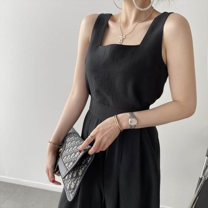 【レビュー特典 20％OFF】セットアップ レディース サロペット ジャンプスーツ 送料無料 個性的 春 夏 秋 スクエアネック ノースリーブ 無地 ハイウエスト ナチュラル クール 上品 おしゃれ 黒 ネイビーグレー アイボリー お出かけ 普段使い 着回し 重ね着