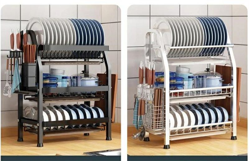 樂天商城 - 【新品発売期間限定特価】水切りラック 3段 食器 水切りかご 大容量 収納 ラック おしゃれ 箸立て 包丁スタンド まな板立て 台所用品ホルダ 収納棚 自然乾燥可能 組み立て簡単 (3段 ブラック/ステンレス)