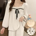 【レビュー特典 20%OFF】可愛いパジャマセット 綿生地パジャマ レディースパジャマ 上下セット ハート柄 寝間着 ルームウェア スクエアネックライン リボン 長袖 ロング丈パジャマパンツ ナイトウエア 部屋着セット コットン 春秋 入院 産後 プレゼント 贈り物