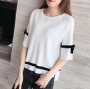 【レビュー特典 20%OFF】【10%OFF 割引期間】トップス Tシャツ ニットソー 袖あり 5分袖 ラウンドネック 襟なし ストレート リボン サマーニット 薄手 かわいい 大人可愛い カジュアル 大人女子 ラフ ラブリー ガーリー 無地 春 夏 秋 10代 20代 30代 40代 個性的 ライン