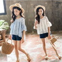 子供服 セットアップ キッズ 女の子 韓国子供服 上下セット 2点セット トップス 半袖 Tシャツ シフォン ショートパンツ 短パン デニム 春夏 通学着 通園...