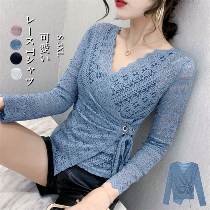 乐天商城 - 【新品発売期間限定特価】Tシャツ レディース 長袖 Vネック レーストップス 無地 透かし彫り イレギュラー スリム セクシー 細身 着痩せ オシャレ 通勤 春秋 新作 送料無料