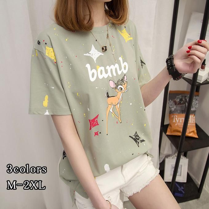 乐天商城 - 【新品発売期間限定特価】Tシャツ レディース 半袖 ラウンドネック プリント 体型カバー 大きいサイズ カジュアル ファッション 可愛い 夏 新作 送料無料