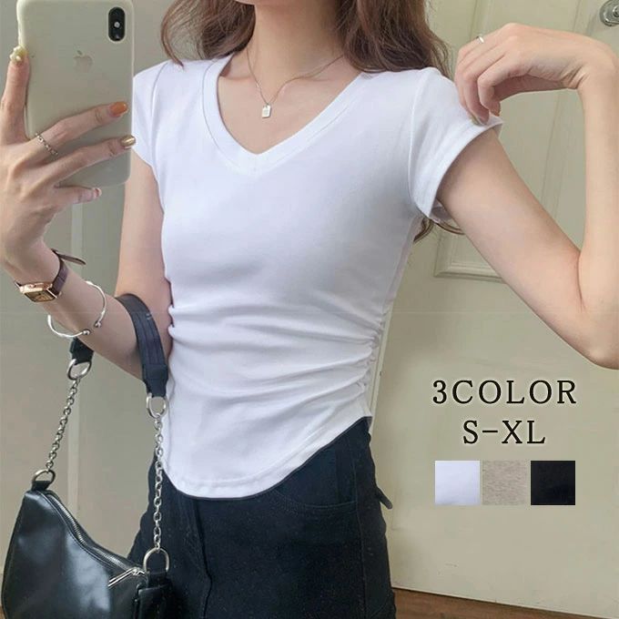 乐天商城 - 【新品発売期間限定特価】Tシャツ 半袖tシャツ レディース Vネック シンプル tシャツ ショート丈 春夏 ストレッチ素材 無地 カットソー トップス カジュアル タイト スリム 着痩せ 美ライン インナー 裾のアンシメトリー 春夏 送料無料