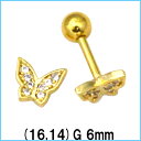 18GP ボディピアス 18金ゴールド キラキラストーン蝶ピアス 小 バーベル 【16G 14G】6mm★メール便翌日到着300円★