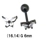 BK ボディピアス ブラックチタン クリスタルガラス蝶ピアス 小 バーベル 【16G 14G】6mm★メール便翌日到着300円★