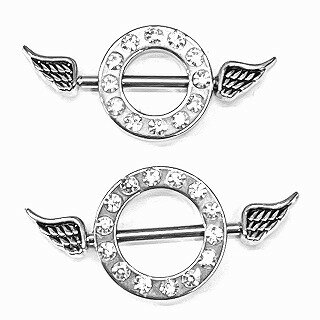 SS　ボディピアス　サージカルステンレス　ストーンサークルニップル　羽根つき　1...