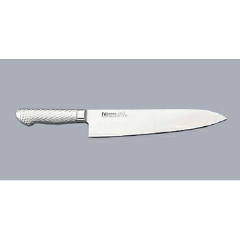 牛刀 M1104 24cm ブライトM11PRO●刃渡寸法:24cm●庖丁は両刃、右仕様となります。●抗菌●ブライトM11PRO手研本刃付●刃部:モリブデンバナジウム特殊鋼を用い、切れ味、長切れを重視。●ハンドル部:18-8 ステンレスステンレススチールモナカハンドル。ガラスビーズショット仕上げによる、手触りのソフト化、滑り防止。●刃部とハンドル部の溶接による一体化で、雑菌等の付着防止など、従来の木ハンドルの衛生面での問題を克服しました。※メーカー希望小売価格はメーカーカタログに基づいて掲載しています。（カタログ表示価格は消費税が含まれていません）